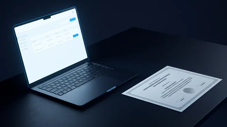 A laptop showing an online training course, with a printed completion certificate on the desk beside it