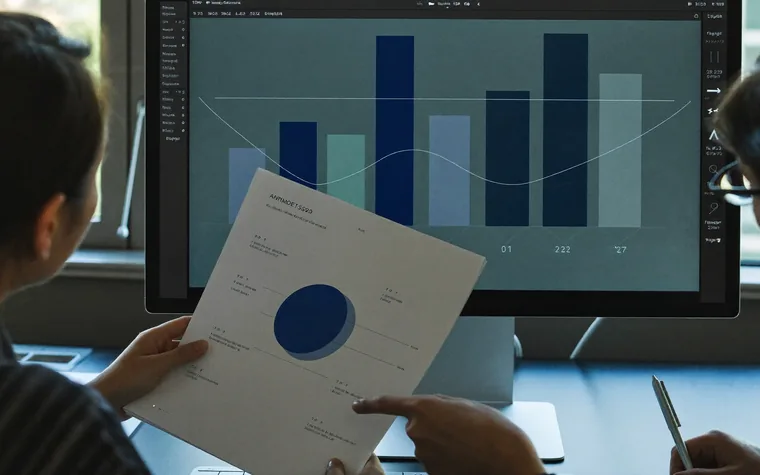 Two colleagues comparing a printed report against the figures on a monitor.