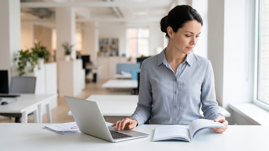 Someone at a laptop reading an open printed policy manual, the kind of material a course is built from