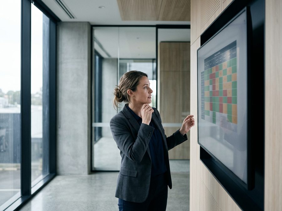A manager reviewing a wall-mounted compliance matrix, each team and course marked complete, due or overdue.