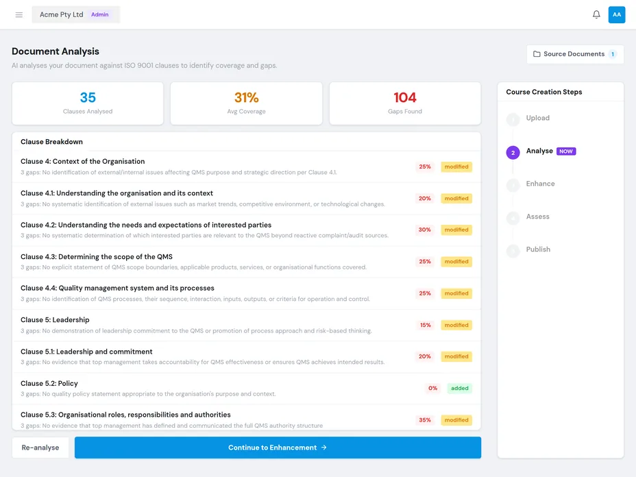Course generation in the platform: uploaded source documents alongside the generated module outline.