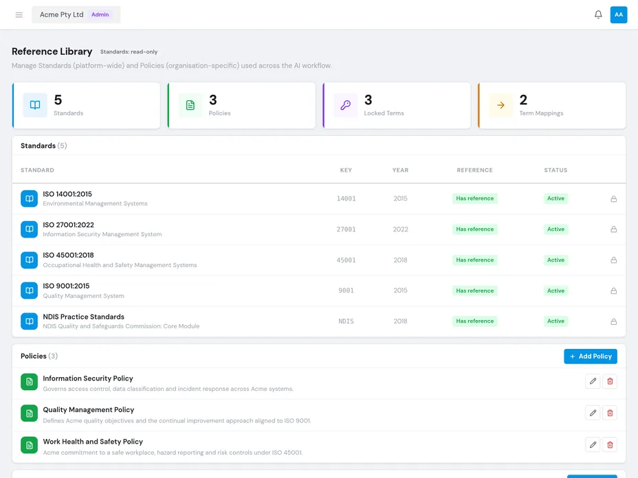 Administration: the user list with per-role permissions and organisation-wide settings.