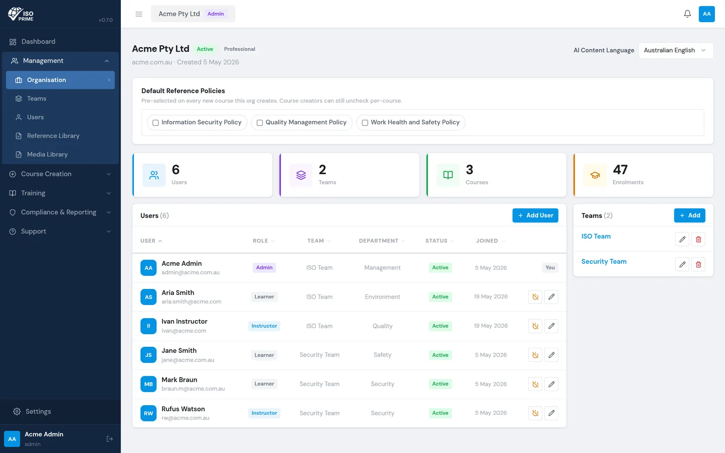 The organisation management screen showing departments and teams