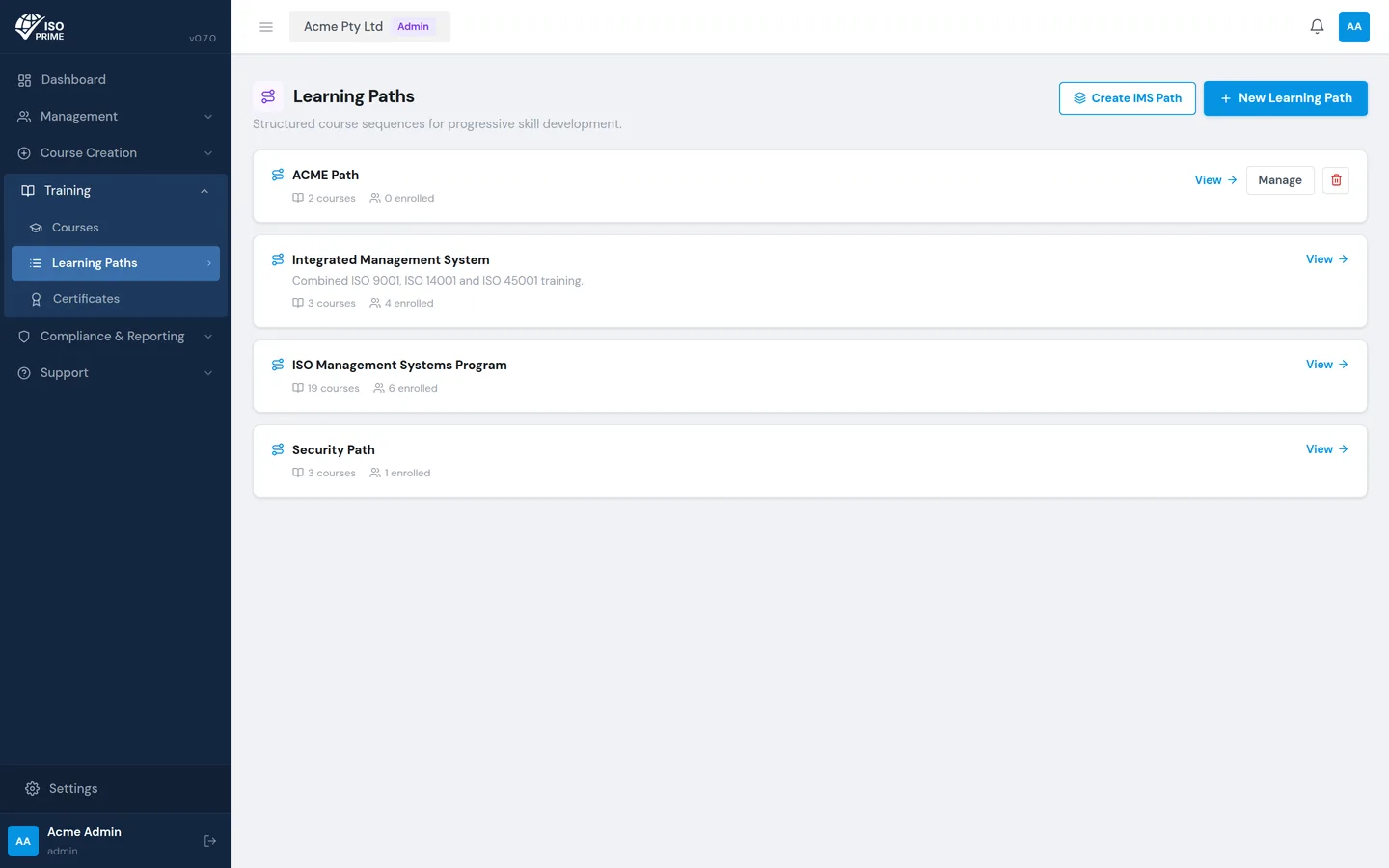 The learning management screen showing enrolments and course progress