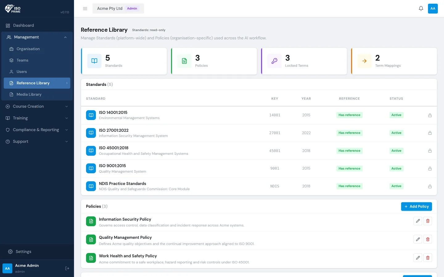 The administration area showing platform settings and permissions